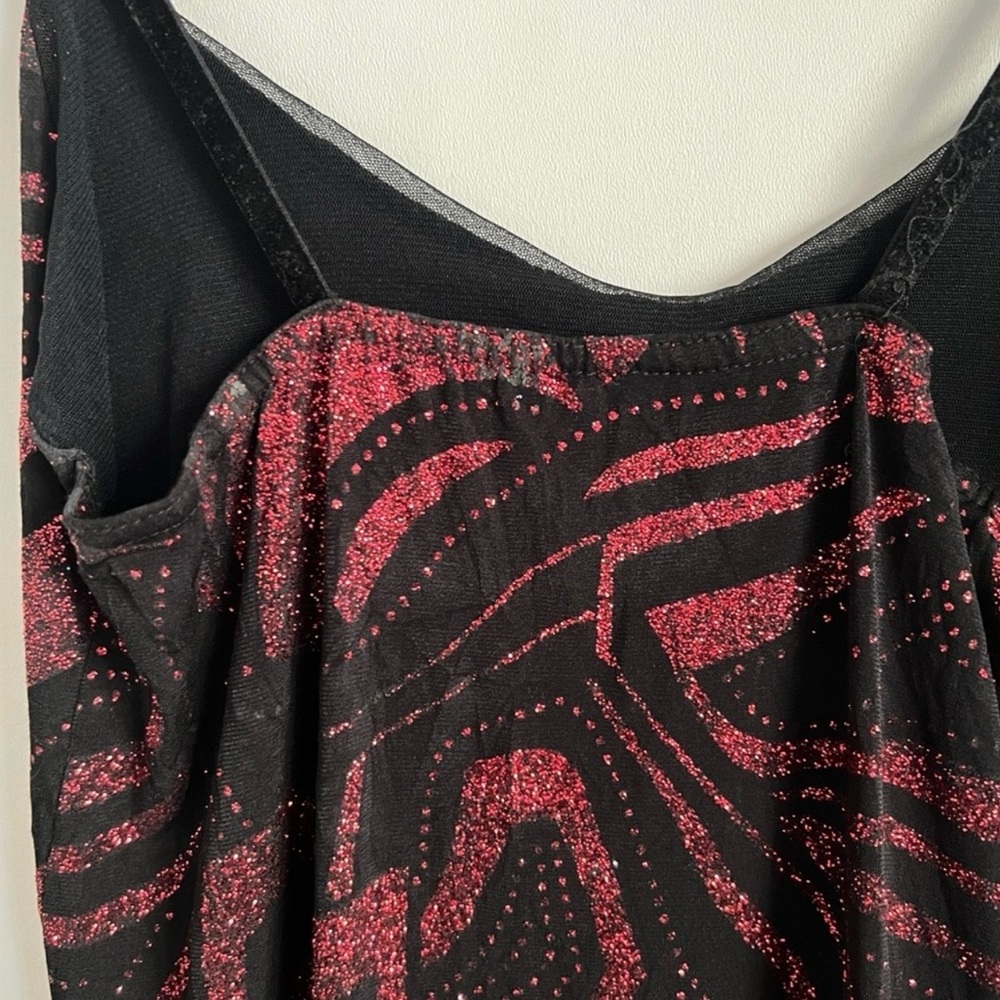 Y2K Black Red Glitter Asymmetrical Dress Ruffle Hem Spaghetti Strap Party Dress - Picture 10 of 14